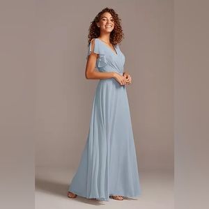 David’s Bridal Dusty Blue Flutter Sleeve Bridesmaid Dress size 6